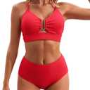Charmo Push up Ribbed High Rise Bikini Sets Women Large Bust Longline Modest Bikini Swimsuits 2 Piece Red, Large