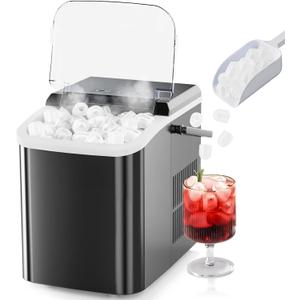 Sweetcrispy Countertop Ice Maker with Scoop, Basket and Handle, 9 Ice Cubes Machine Ready in 6 Mins, 26.5lbs in 24Hrs, 2 Sizes for Home Kitchen Office Bar Party(Black)