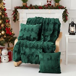 Tegeme Christmas Blanket & Throw Pillow Cover Set, Reindeer Christmas Tree Throw Dutch Velvet Faux Rabbit Fur (50x60) & 2 Fur Plush Pillow Covers (18x18) for Winter Holiday Couch Sofa Bed (Green)