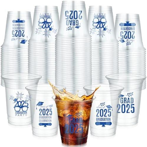 FoldTier 100 Pcs Graduation Cups Graduation Decorations 2025, 16 oz Congrats Grad Party Cups Plastic Disposable Class of 2025 Drinkware Bulk for Grad Celebrations Party Tableware Supplies(Blue)