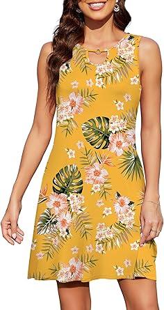 Women's Summer Dresses 2024 Beach Casual Sleeveless Floral Print Tank Loose Sundress with Pocket Size M