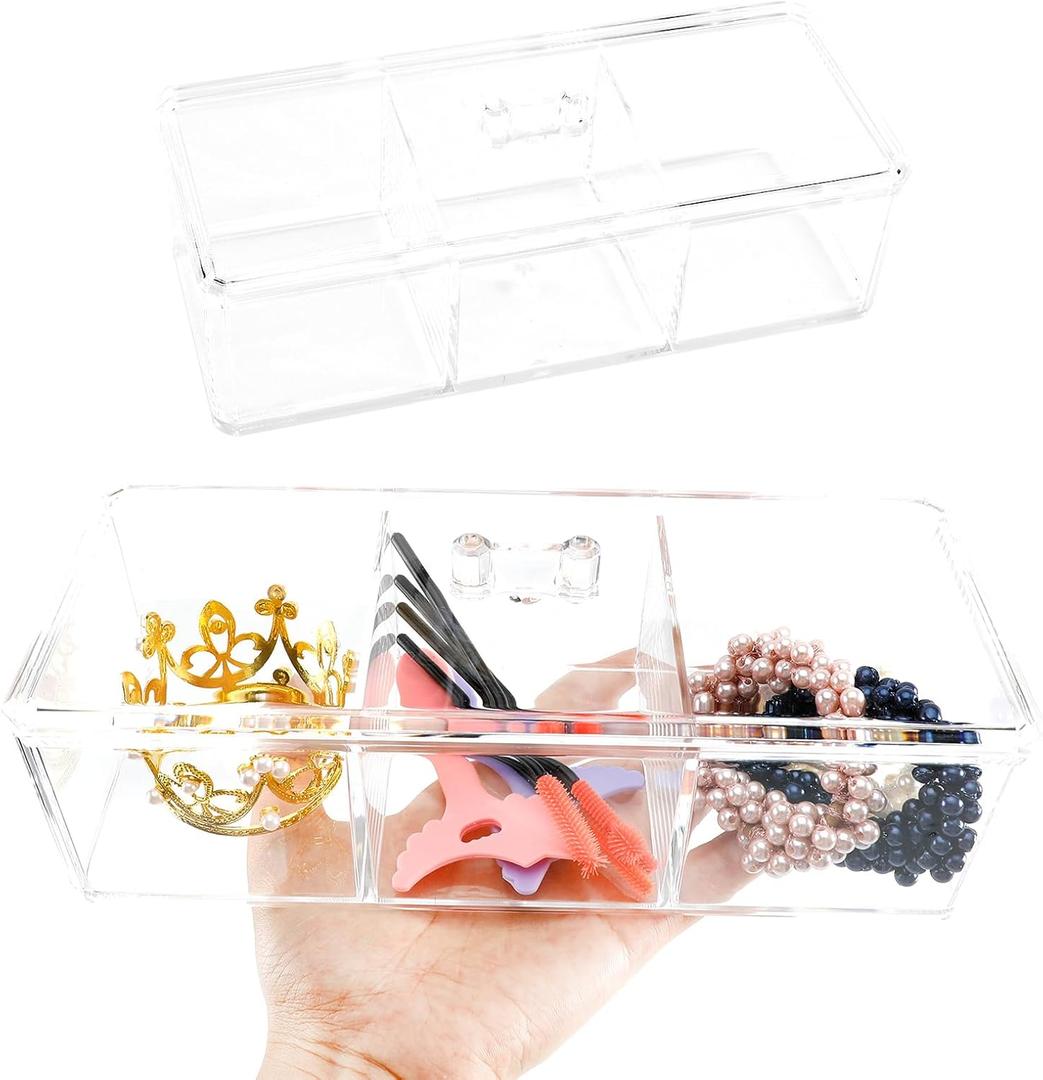 Transparent Acrylic Dresser Storage Box, Mirror Cabinet Drawer Storage Partition Box with Lid, 3 Divided Compartments Holder Dispenser for Cotton Swab Lipstick Cotton Pad