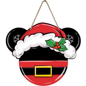 Deroro Christmas Santa Sign for Front Door Decor, Xmas Holiday Wood Door Hanger for Outdoor Outside Porch, Holly Berry Wooden Wreath Indoor Wall Hanging Decoration