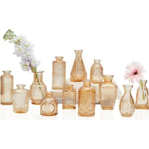 Bud Vases Set of 12,Glass Bud Vases in Bulk, Small Flower Vases for Centerpieces, Mini Vintage Vase for Wedding, Home Table Decor, Christmas, Party Decoration, Gold Amber