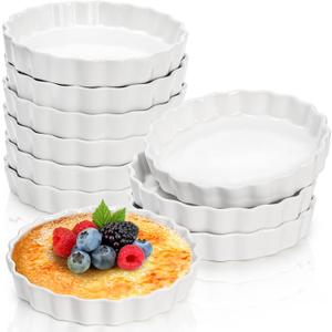 Foraineam 10 Pack 8 oz Creme Brulee Ramekins, 6 Inch Round Fluted Quiche Dishes, Porcelain Pie Pan Shallow Baking Dish Oven Safe for Baking Souffle, Apple Pie, Quiche, Tart