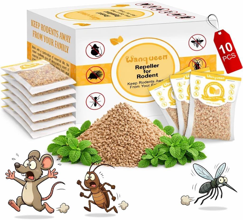 Wanqueen 10 Pack Mouse Repellent Pouches, Natural Rodent Repellent Peppermint Oil for Mice Rats Squirrels, Indoor Outdoor Pest Control for Home Car RV Garage Attic Basement, Pet Safe Mice Deterrent