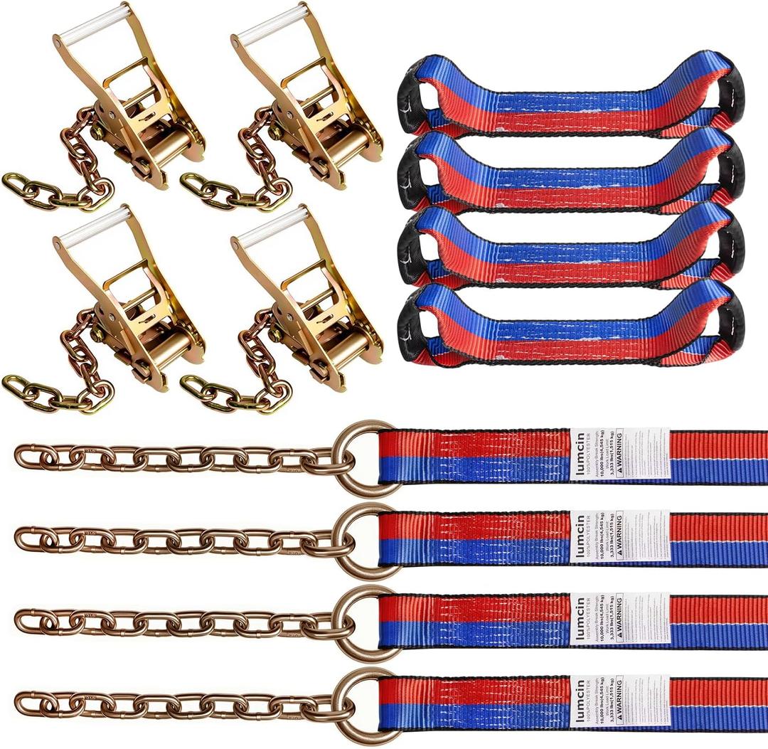 8 Point Roll Back Vehicle Tie Down Kit,with 2" x 16' Chain Extension on Both Ends,2" x 16', Heavy Duty Wheel Bonnet Tie Downs for Towing, Flatbeds, and Vehicle Hauling