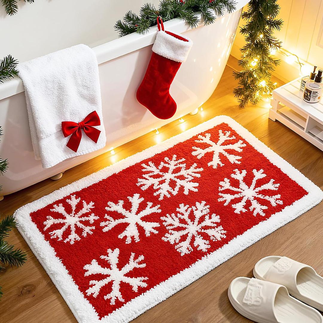 Tinideya Christmas Snowflake Bath Mat Non-Slip Absorbent Bathroom Rug Xmas Winter Holiday 20x32 Inch Soft Plush Bath Mats for Indoor Living Room Bedroom Decor