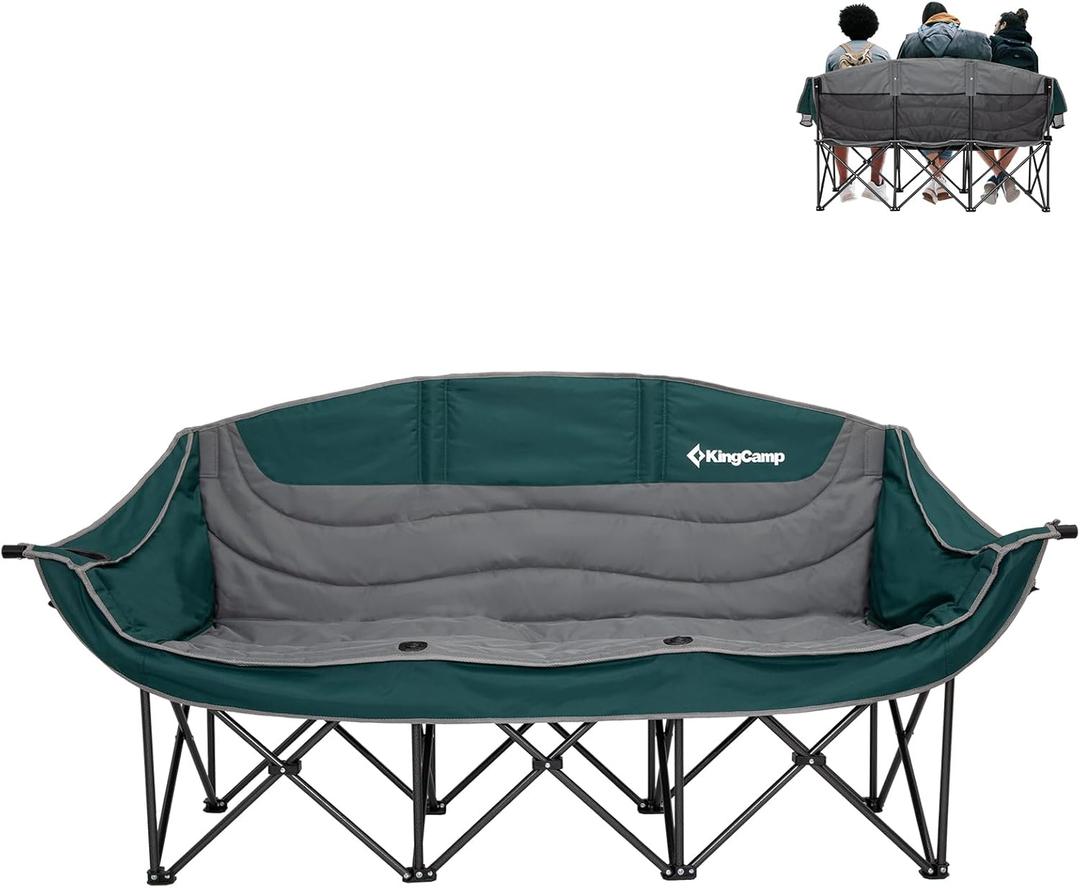 KingCamp Double Camping Chair, Oversized Heavy Duty Loveseat for Adults Portable Folding XL 2 Person Couch Padded Comfortable Two Seat with Cup Holder for Outdoor Lawn Backyard (L 3 Person Green/Grey)