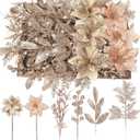60 Pcs Christmas Glitter Branches 6 Styles Artificial Christmas Picks Berries Stems Poinsettia Flowers Pine Needles Floral Twig Spray for Xmas Tree Ornaments DIY Wreath Garland(Champagne)