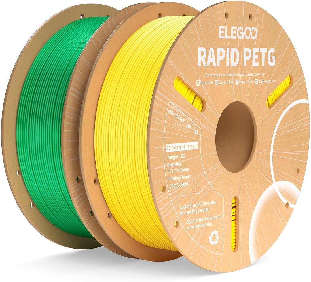 ELEGOO Rapid PETG 3D Printer Filament Bundle 1.75mm Yellow/Green 2KG
30-600mm/s High Speed Printing; Smooth Flow; Strong Layer Adhesion; +/-0.02mm Accuracy; for FDM 3D Printers; 2 x 1kg Spools