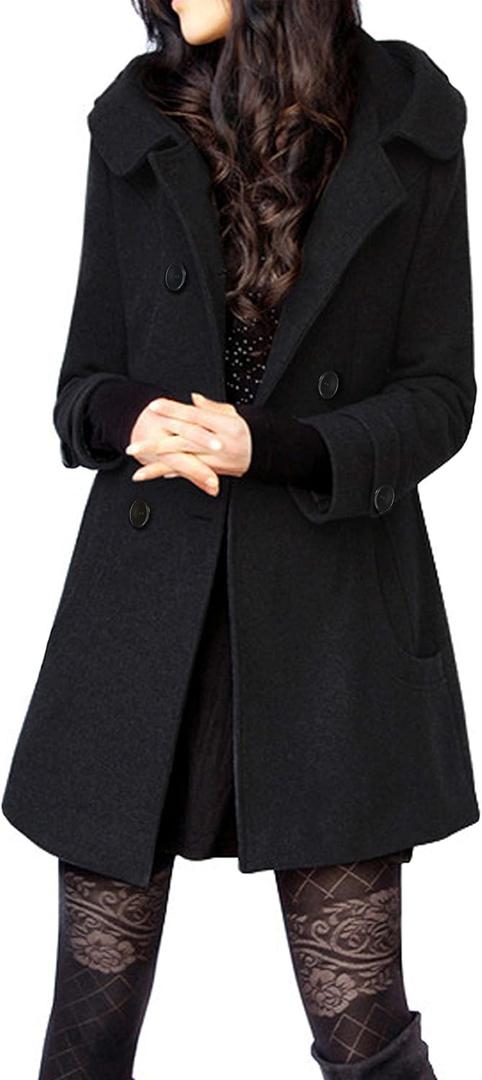 Tanming Women's Warm Double Breasted Wool Pea Coat Trench Coat Jacket with Hood (Large, Black)