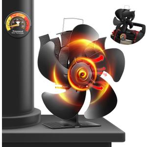 Wood Stove Fan, Fireplace Fan for Wood Burning Stove, Heat Powered fan, Wood Stove Accessories, Quiet Operation Circulating Warm Air, (Include Magnetic Thermometer) (5-Blade)