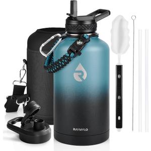 RAYMYLO Insulated Water Bottle 64 oz, Triple Wall Vacuum Stainless Steel (Cold for 48 Hrs), Leak Proof & Non-BPA, Half Gallon Water Flask Jug with Paracord Handle & Straw Spout Lids