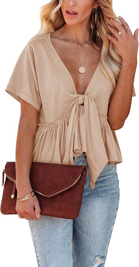 Women's Short Sleeve V Neck Blouses Ruffle Hem Tie Front Crop Tops Lightweight Basic Summer Tops, Size M, Peach