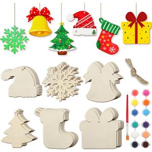36 Pcs Unfinished Wooden Christmas Ornaments Tree Ornaments, 6 Styles Xmas Crafts for Kids, Unfinished Wood Slice Ornament with 12 Paint, Brush for Christmas Tree Hanging Decorations