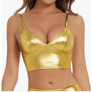 Women's Metallic Crop Tops Shiny V-Neck Tube Bra for Dancing, Raves, Festivals, Costumes, Size Small