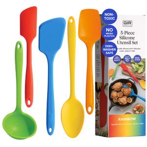 GIR 5-Piece Silicone Kitchen Utensils Set, Non-Toxic Cooking Utensils for Cooking and Baking, Heat Resistant, Food Grade, Dishwasher Safe Rubber Spatula, Ladle, Spoon - Rainbow