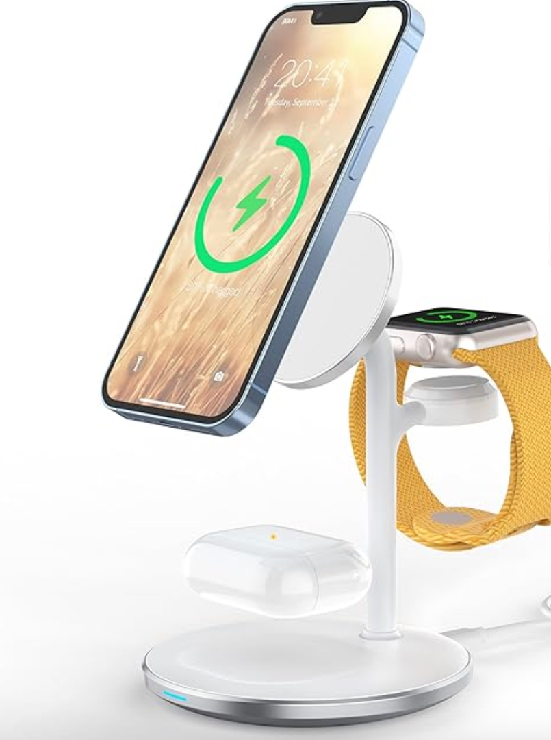 XooFly 3 in 1 Wireless Charging Station for Apple Devices, 15W Fast Wireless Mag-Safe Charger Stand for iPhone 17 16 15 14 13 12 Pro Max/Air/Plus/Pro/Mini,iWatch,AirPods (White)