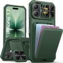 SSLOTSCASE for iPhone 17 Case with Credit Card Holder & Camera Cover Stand & Slide Lens Cover & Wallet, Full-Body Drop Proof Rugged Hard Sturdy Stylish Phone Case Cover for iPhone 17 6.3'' 2025, Green