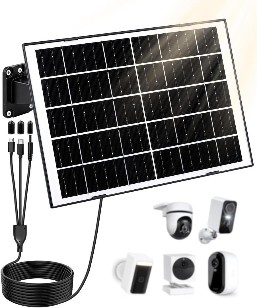 8W Solar Panel for Security Camera, Solar Panel Charger with 5V USB-C/Micro/DC 3.5mm Ports 9.8ft Cable & 360Integrated Mount, IP65 Solar Panels for Ring/Reolink/Eufy Built-in Battery Camera