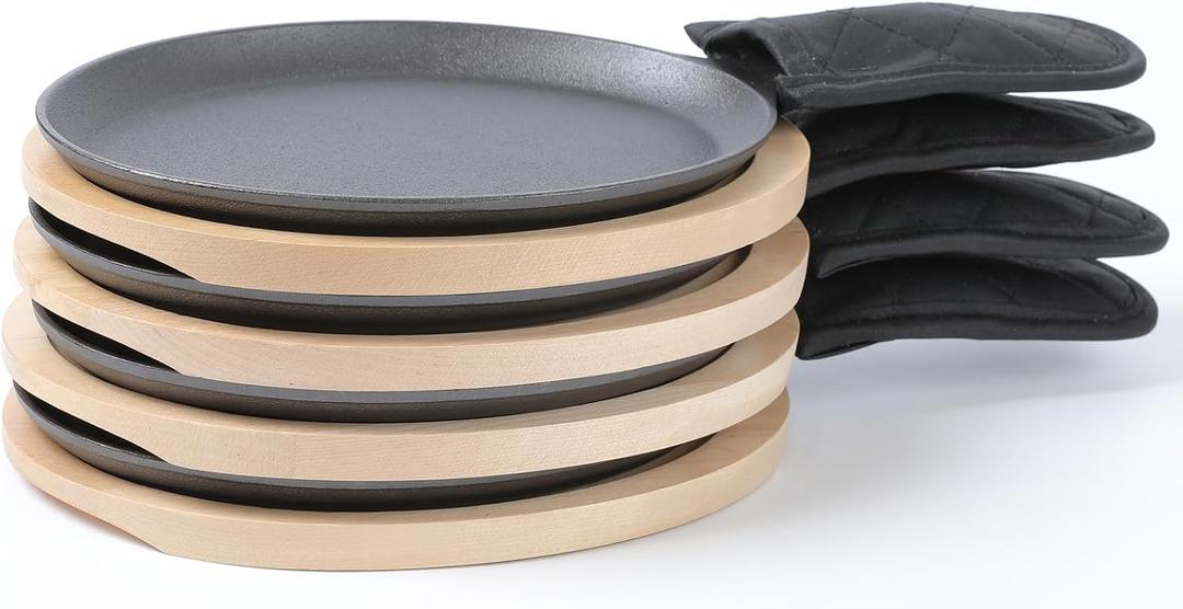 HAWOK Cast Iron Fajita Plate Sizzler Pan Set with Bamboo Tray and Handle Holder, Set of 4, Pre-seasoned Cast Iron Skillet with Bamboo Base and Handle Cover