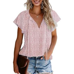 Women's Short Sleeve Casual Shirts Boho Floral Print V Neck Tops Loose Blouses (Pink, M)