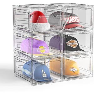 Hat Organizer Box for Baseball Caps, 6 Pack Plastic Hat Storage Display Case with Magnetic Door, Hat Holder Rack for Closet, Snapback Organizer, Hold 8 Caps Each (Clear White)