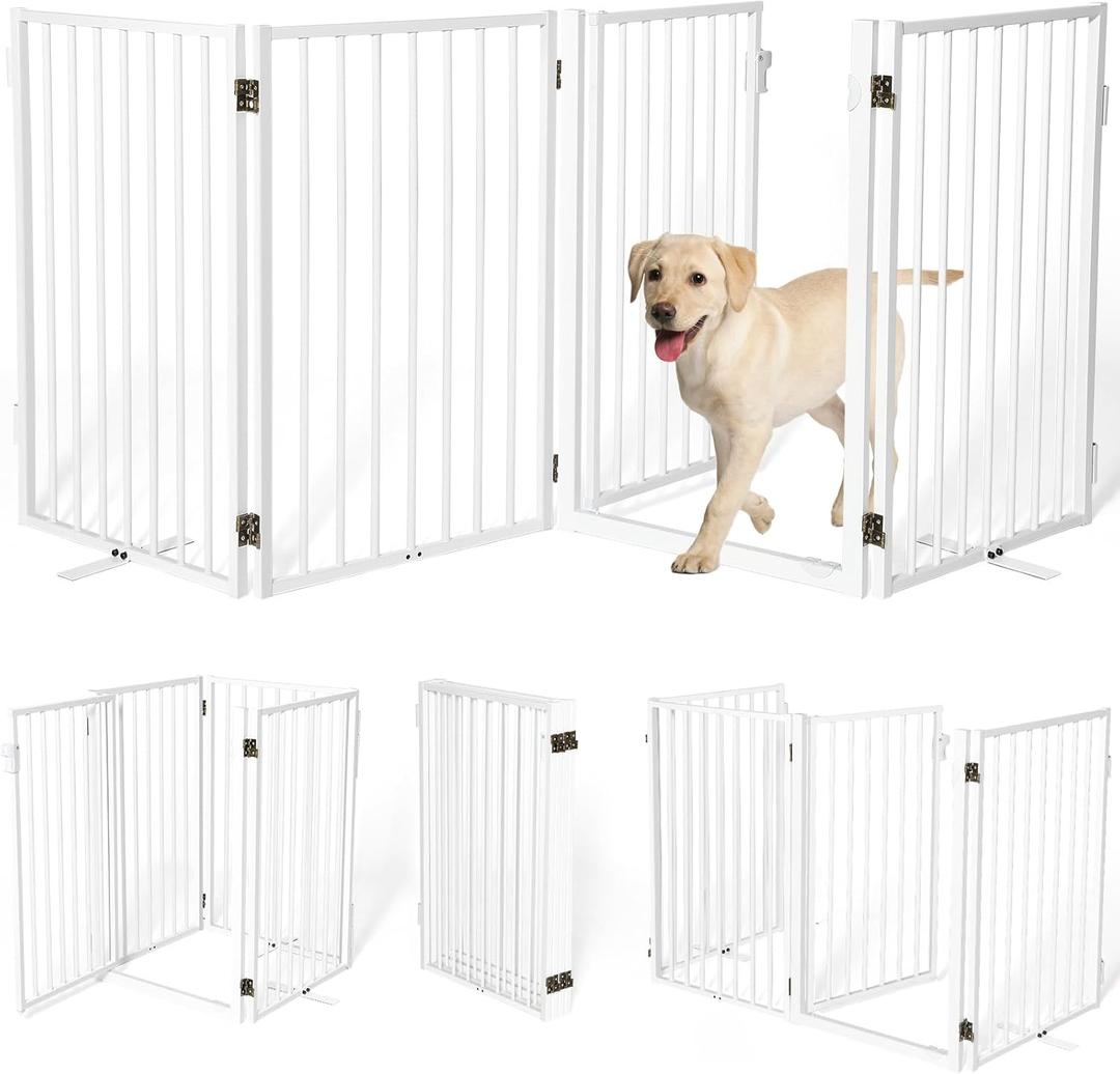 Metal Freestanding Dog Gates with Door for Outdoor Indoor, 80'' Extra Wide 24'' Tall Free Standing Dog Gate for Doorways, Large Openings, Deck, Yard, Porch, Foldable Safety Pet Fence, (White,4 Panels)