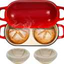 Mini Double Dutch Oven for Sourdough Bread Baking – Enameled Cast Iron Bread Pan with Lid, 500°F Oven Safe Non-Stick, Dual Round Loaf Space (6inch Diameter), Bake Two Different Loaves at Once, Includes 2×5" Banneton Proofing Baskets (Red)