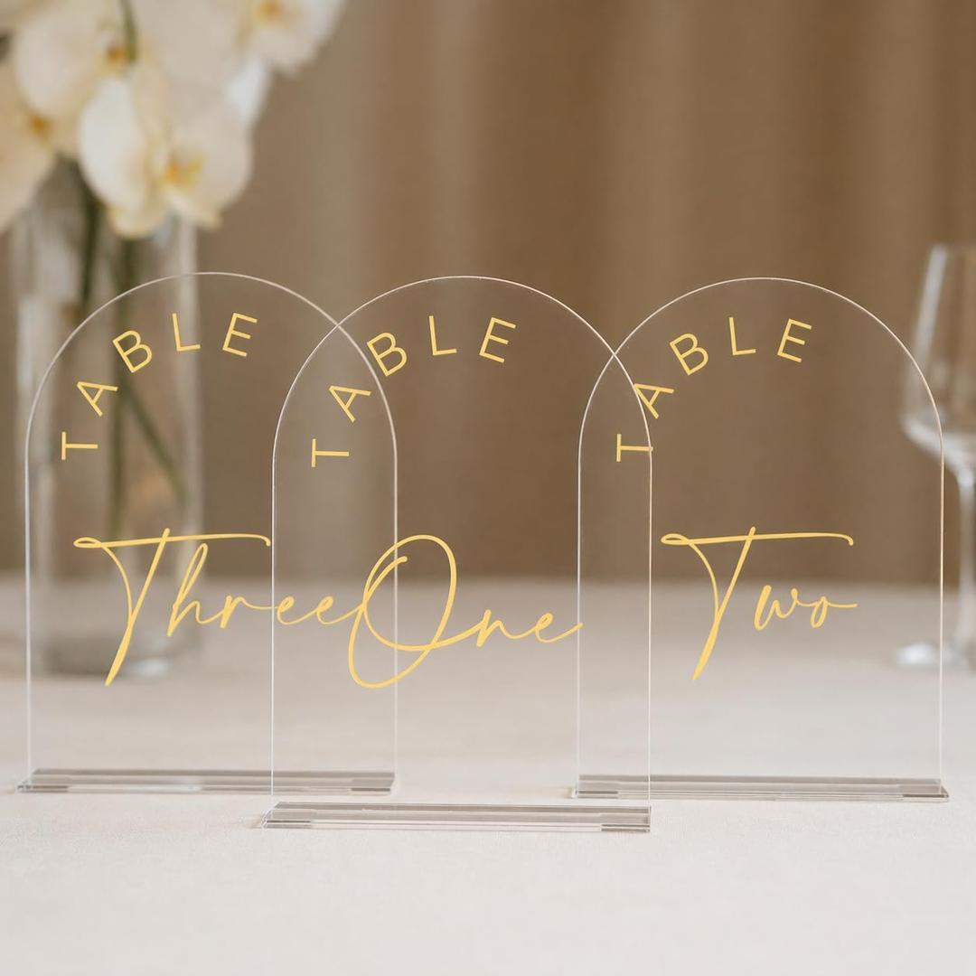 Acrylic Arch Table Numbers with Stands, 5x7 Inch Acrylic Arch Sign Table Numbers for Wedding (Clear Gold Font, 5x7 Inch Table Number 1-15)