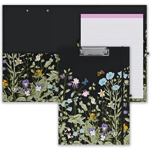 Clipboard Folio with Refillable Lined Notepad, Low Profile Clip and Interior Storage Pocket, Cute Clipfolio Design for Work, Office, School, Nurse(Wild Flowers)