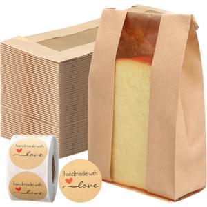 Fullhawl 250 Pcs Bakery Bags with Window and Label Seal Stickers Brown Paper Bread Packages Iron Wire Tie Tab Lock Candy Cookie Kraft Paper Bags for Snacks Pastry Donuts(9 x 4.7 x 2 Inch)