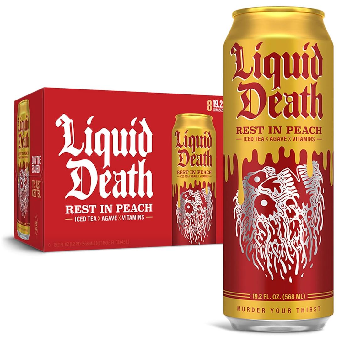 Liquid Death, Rest in Peach Iced Tea, 8-Pack (19.2oz Cans), Peach Flavored Back Tea, Low Calorie, No Artificial Sweeteners, B12 & B6 Vitamins Best By 12/04/26