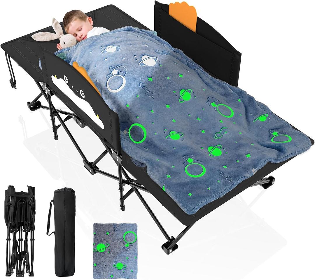 Suteck Kids Camping Cot, Comfortable Toddler Cot Bed Easy to Store and Use, Portable Sleeping Cot with Guardrail, Lightweight Bed for Outdoor Indoor Home