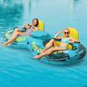 2025 Upgrade River Tube Floats for Adults Heavy Duty Pool Floats Inflatable Water Tube with Cup Holeder, Drink Cooler and Mesh Bottom Backrest (2 Pack Single/Double) (Green Yellow)
