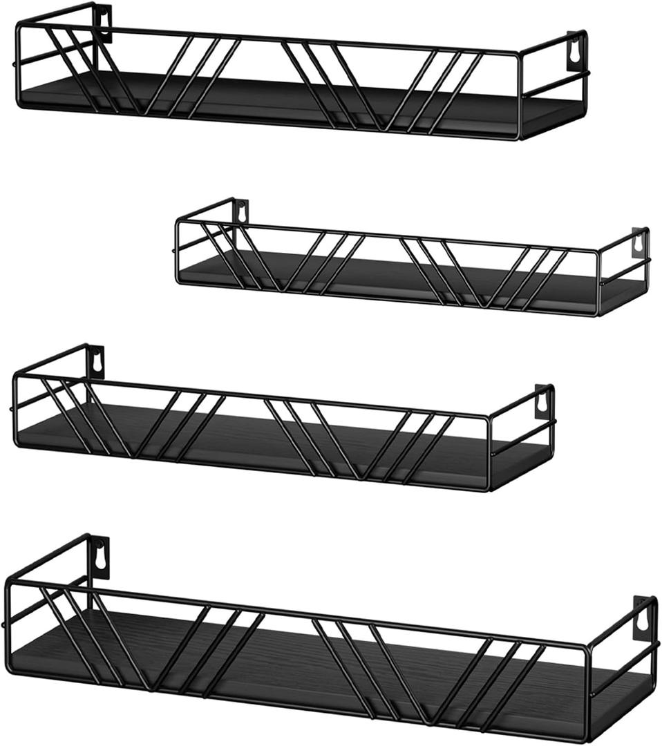 Floating Shelves for Wall Set of 4, Different Sizes Mounted Wood Floating Shelf, Wall Shelves for Living Room,Bedroom, Bathroom, Kitchen, Farmhouse Decor, Office (Black)