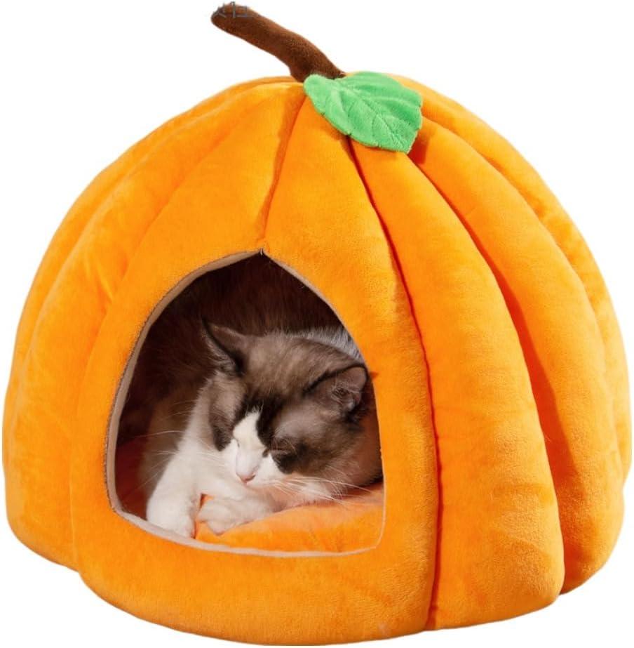 Cat Beds for Indoor Cats, Pumpkin Cat House,Cute Pumpkin Shape Cat Cave Bed Cat Tent with Removable Cushion, Warm Cave Nest Sleeping Bed Puppy House for Cats Small Dogs (Orange, 22 in)