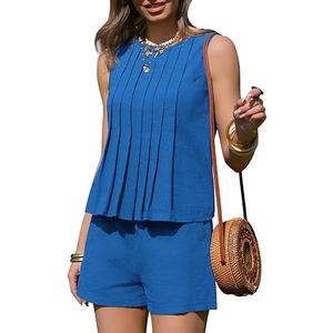 EXLURA Linen Sets for Women 2 Piece Sleeveless Pleated Babydoll Tops Casual Matching Short Set Summer Beach Vacation Outfits XS