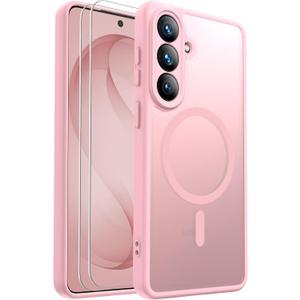 for Samsung Galaxy S26 Case Magnetic Shockproof, [Fit for MagSafe] [Glass Screen Protector] Soft-Touch Skin para Frosted Translucent Anti-Fingerprint Cover (Pink)