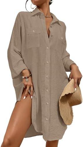 Bsubseach Womens Modern Swimsuit Cover Up Blouse Button Down Shirt Dresses Tops, M