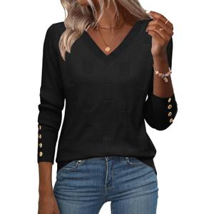Zeagoo Womens V Neck Sweaters Shirts Long Sleeve Lightweight Ribbed Knit Pullover Sweater Blouse Tops with Buttons Oufits (Small, Black)