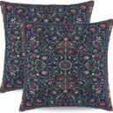 Vintage Navy Blue Floral Pillow Covers 16X16 Inch Set of 2 Boho Ethnic Carpet Pattern Decorative Throw Pillow Case Square Linen Red Art Decor Cushion Cover for Home Couch Sofa Bedroom