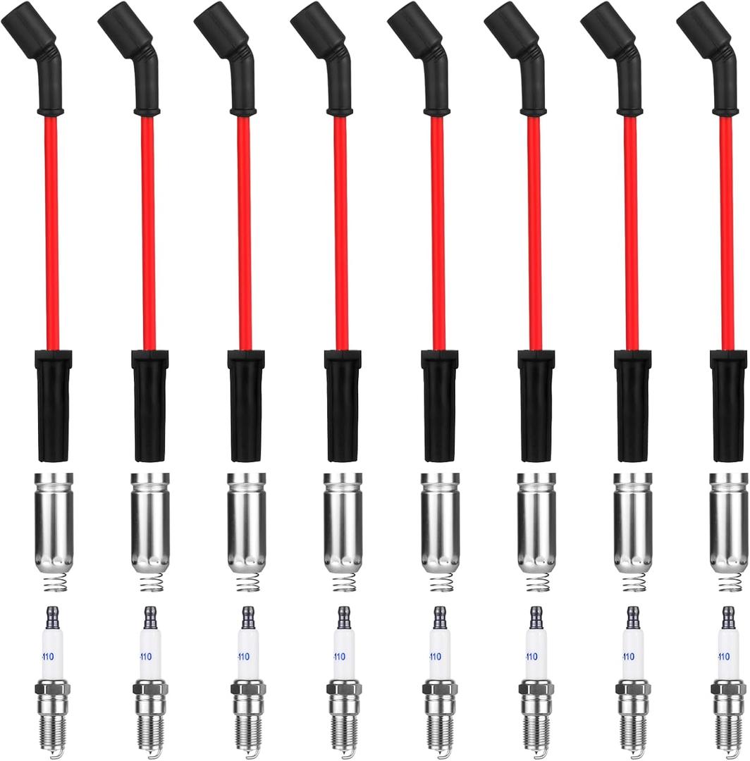 8 Pcs Spark Plug Wires Set & 41-110 Iridium Spark Plugs Compatible with 2000-2013 Chevy Silverado Tahoe Suburban GMC Sierra Yukon Cadillac Escalade 4.8 5.3 6.0 6.2 L, Replace for 41-162 9748HH 9748UU (Standard)