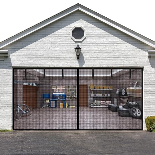 LIAMST Garage Door Screen 16 * 10FT，2 Car Garage Doors- Reinforced Fiberglass Door Screen,Stronger High Energy Magnets ，Magnetic Screen Door