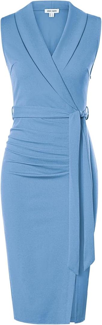 GRACE KARIN Women's Wear to Work Sleeveless Ruched Bodycon Office Pencil Midi Dresses with Belt.44