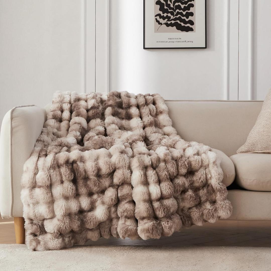 COOVA Faux Rabbit Fur & Flannel Throw Blanket 50x60 Inch - Luxury Fuzzy & Cozy Soft Blanket for All Seasons, Breathable and Comfortable for Bed, Sofa, Couch, and Camping, Tie Dye Brown
