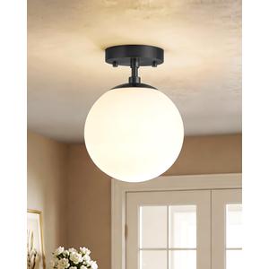 Majade Semi Flush Mount Ceiling Light 8" Globe Mid Century Modern Light Fixture Milk Glass with Matte Black Finish Light Fixtures for Hallway Entryway Kitchen Island Closet Laundry Bathroom