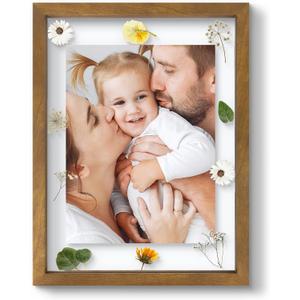 12x16 Floating Picture Frame - Brown Solid Wood Frame for Pressed Flower - Real Glass of Front - Use as 8.5x11 or 11x14 Picture Frame - for Wall Mount Display (Brown, 1 Pack)