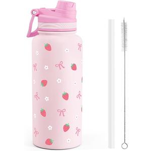 Strawberry Stainless Steel Water Bottle with Strap 32oz, Insulated Bottles with Straw and Spout Lid for Gym Sports Travel Outdoor, Gifts for Women Girls Birthday Christmas